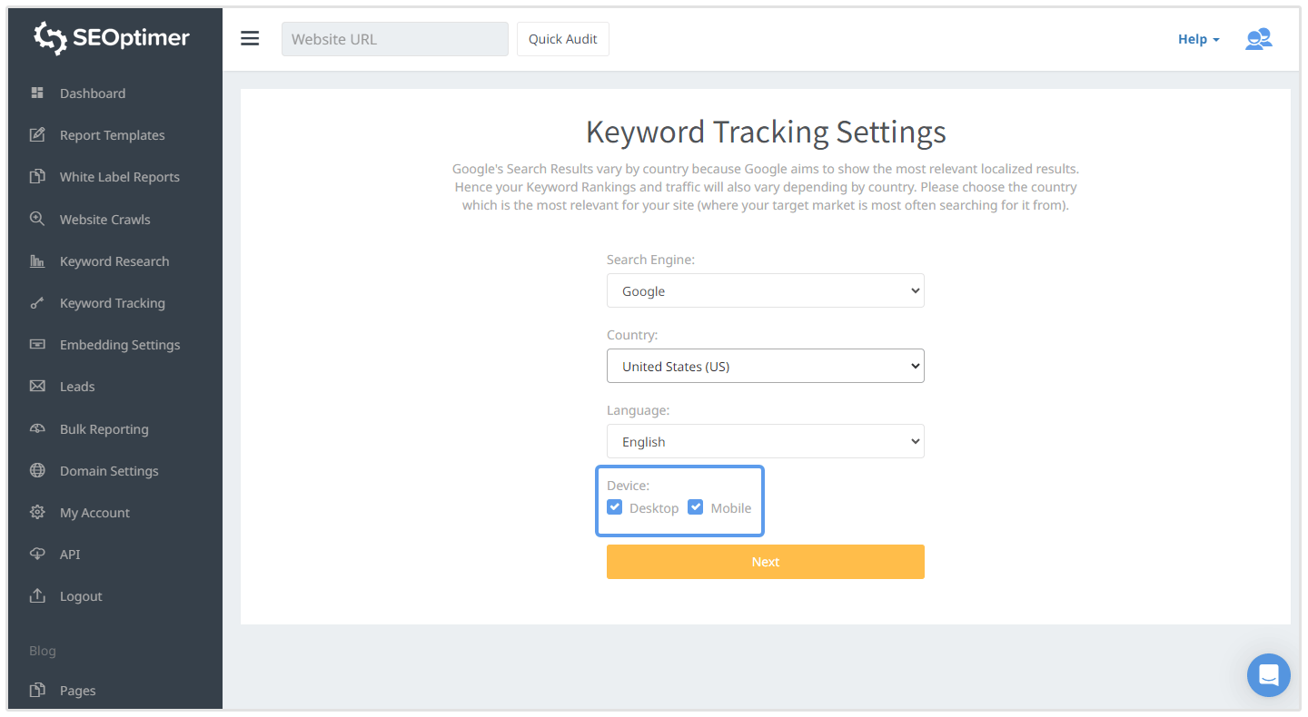 SEOptimer trefwoord tracker setup